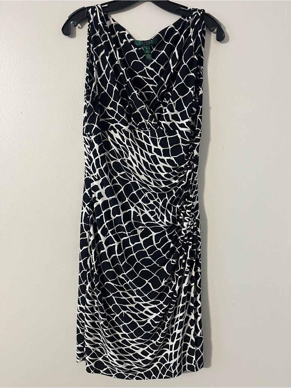 Lauren Ralph Lauren, Black & White Abstract Print Faux Wrap Midi Dress Sz 10